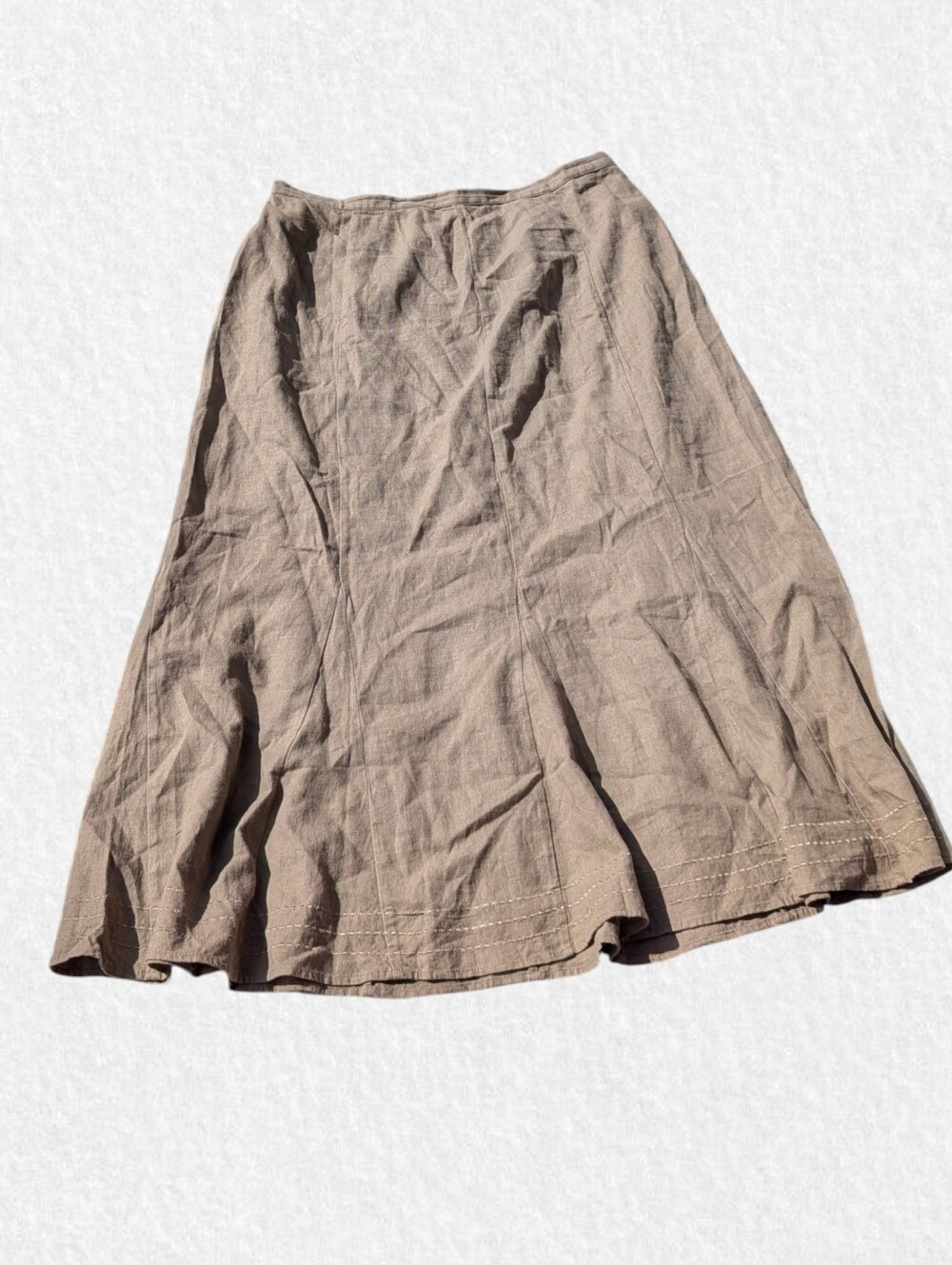 Christopher & Banks Midi A-Line Linen Blend Skirt in Taupe With Bottom Stitching - Picture 2 of 6
